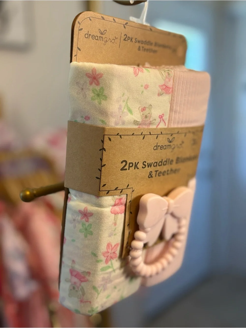 Pink Baby Swaddle Set with Bow Teether - 3PC